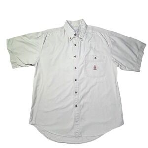 Bugle Boy Company Mens Short Sleeve Button Down Khaki Tan Embroidered  L‎ Y2K